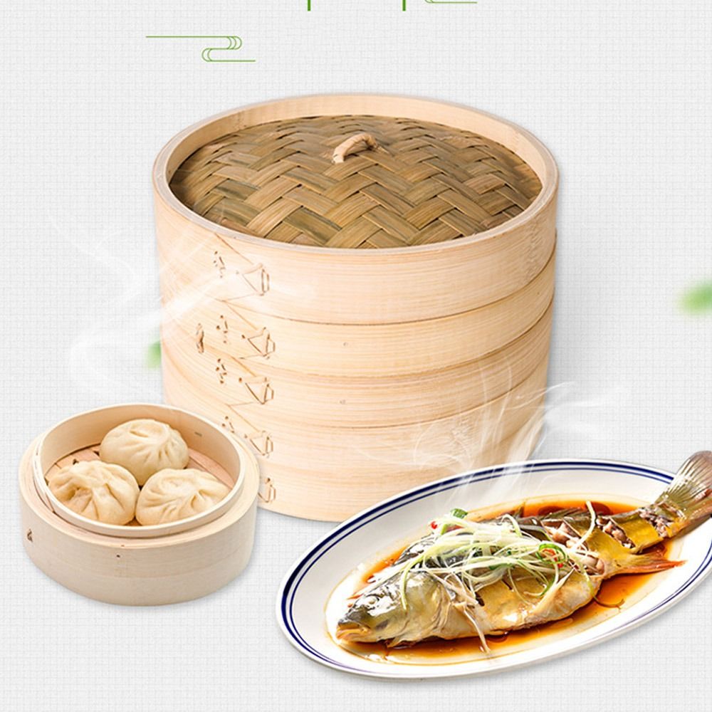 Bao Steamer Bamboo - Çin Bambu Buharlı Pişirici, Kapaklı, Bao